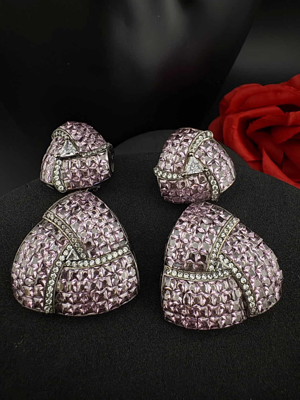 Premium Nano Setting Cubic Zirconia, Lavender Crystal stones in Unique setting is Victorian stylish designer Inspired Statement long earring