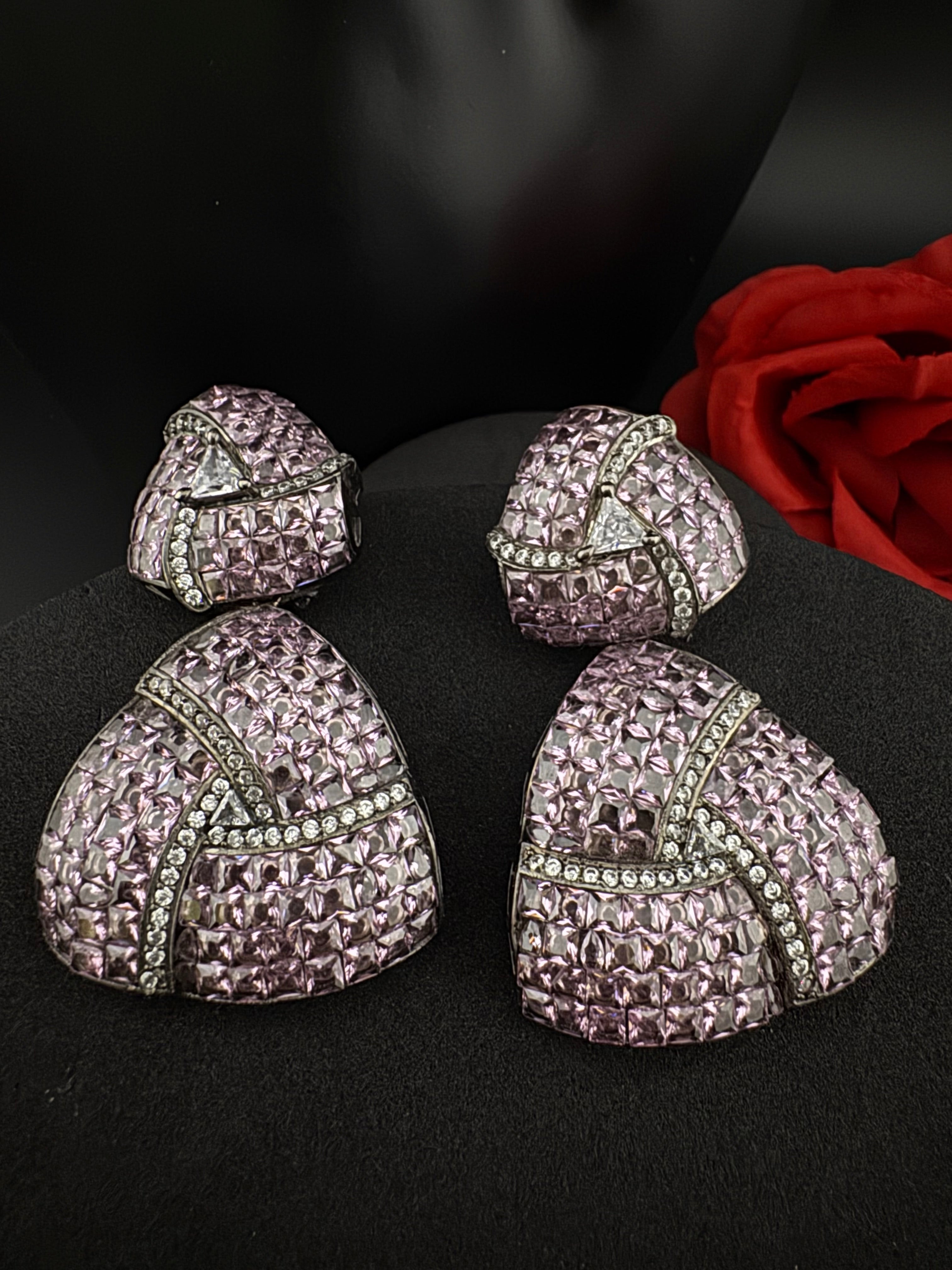 Premium Nano Setting Cubic Zirconia, Lavender Crystal stones in Unique setting is Victorian stylish designer Inspired Statement long earring