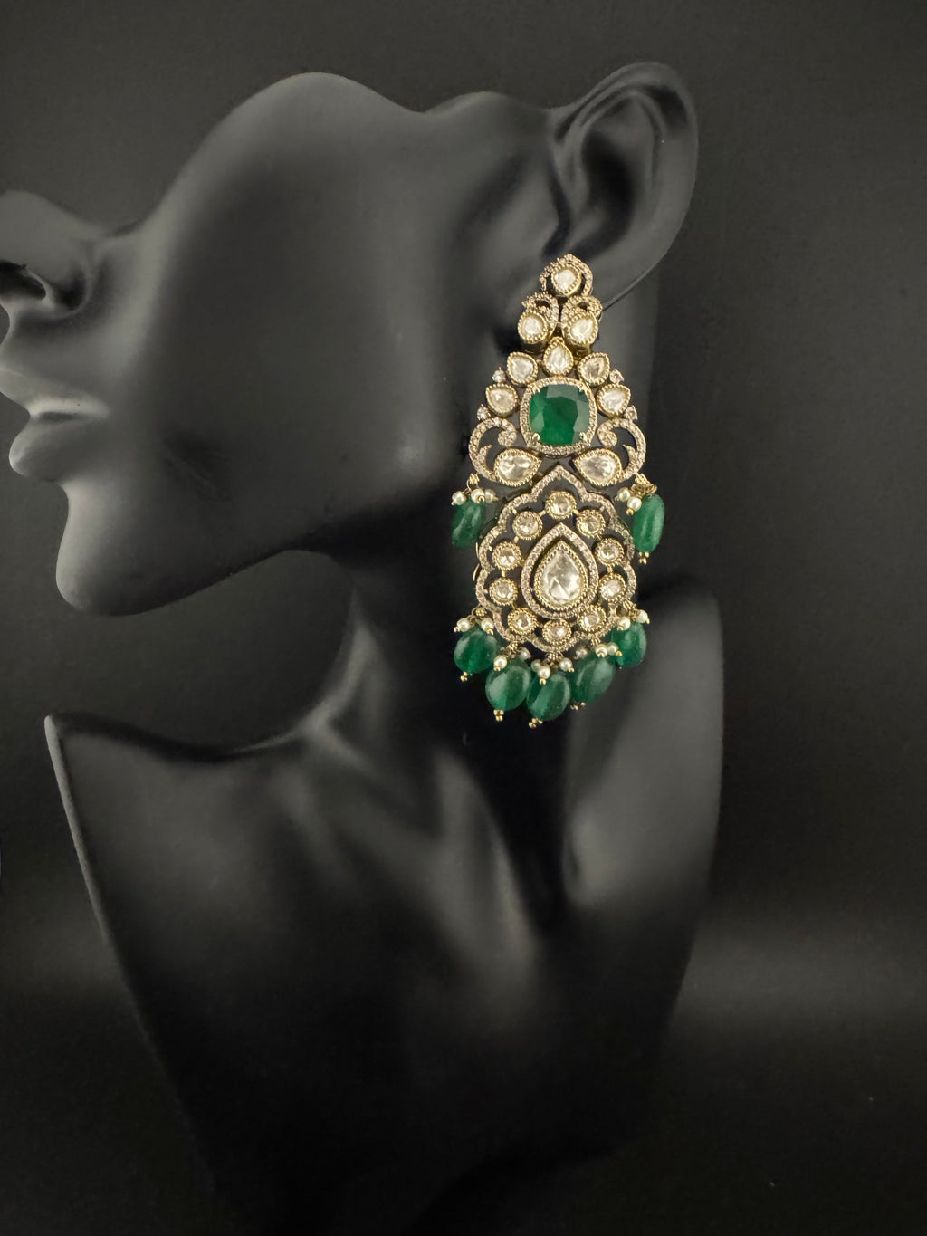 Green and Gold Kundan, Pearls Chandelier Long Earrings, Bridal, Moissanite, CZ, Designer jewelry