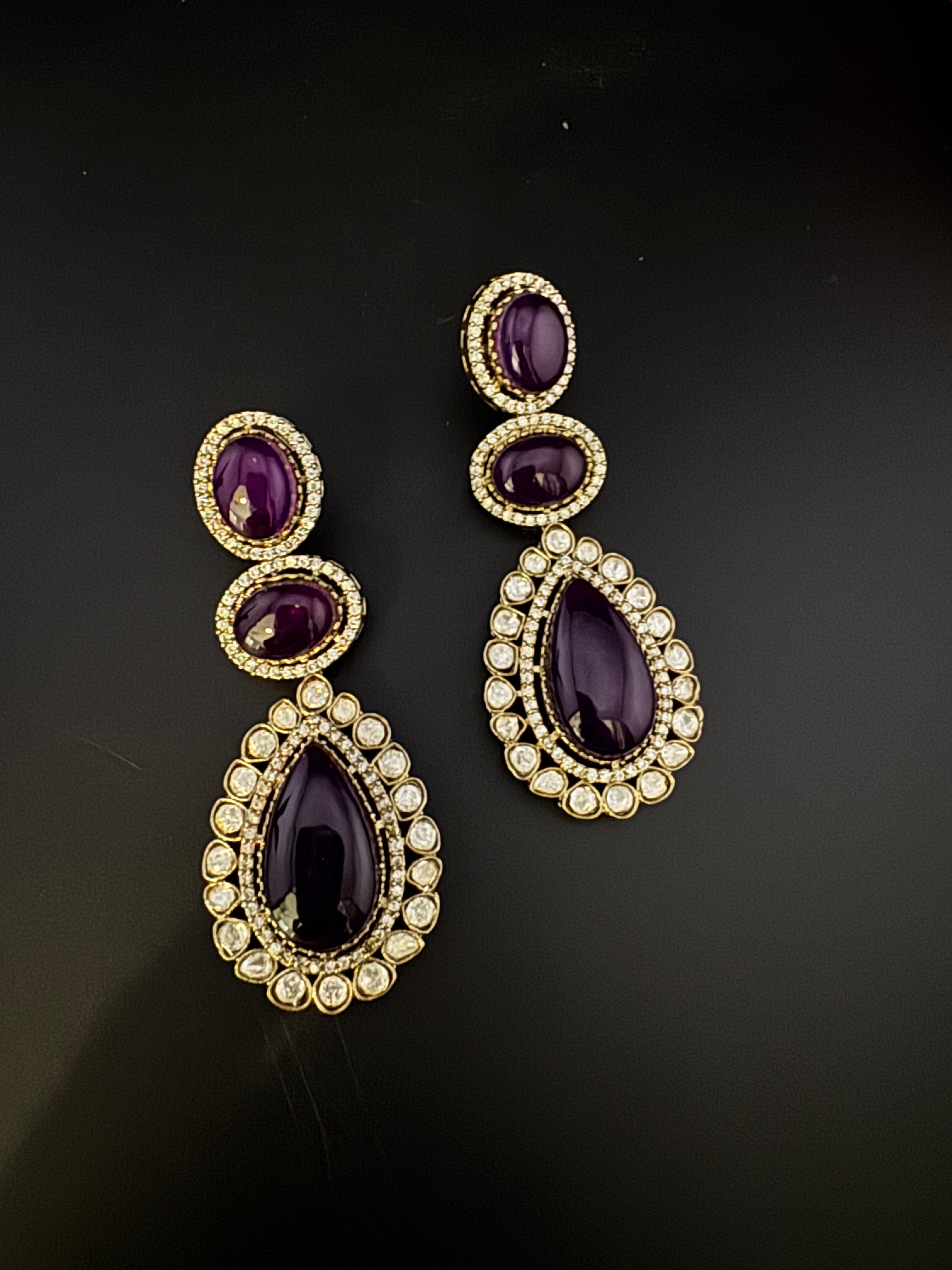 Purple and Gold Kundan, Doublet Stone Chandelier Long Earrings, Bridal, Moissanite, CZ, Designer jewelry