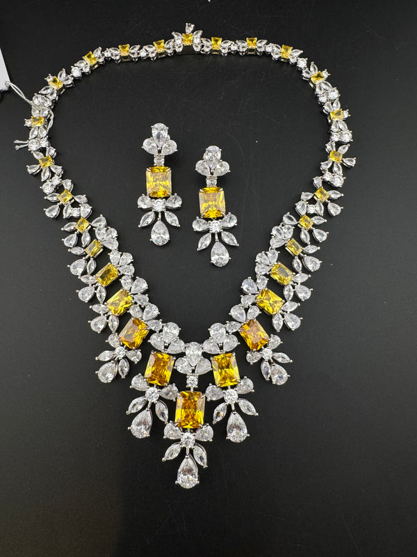 Swarovski Crystals and CZ Diamond Statement Bridal Necklace Set, White Gold Plated Choker set