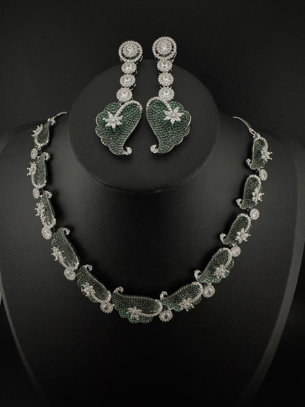 Nano Setting CZ Diamond Statement Green Necklace Set, White Gold Plated Choker, nature inspired