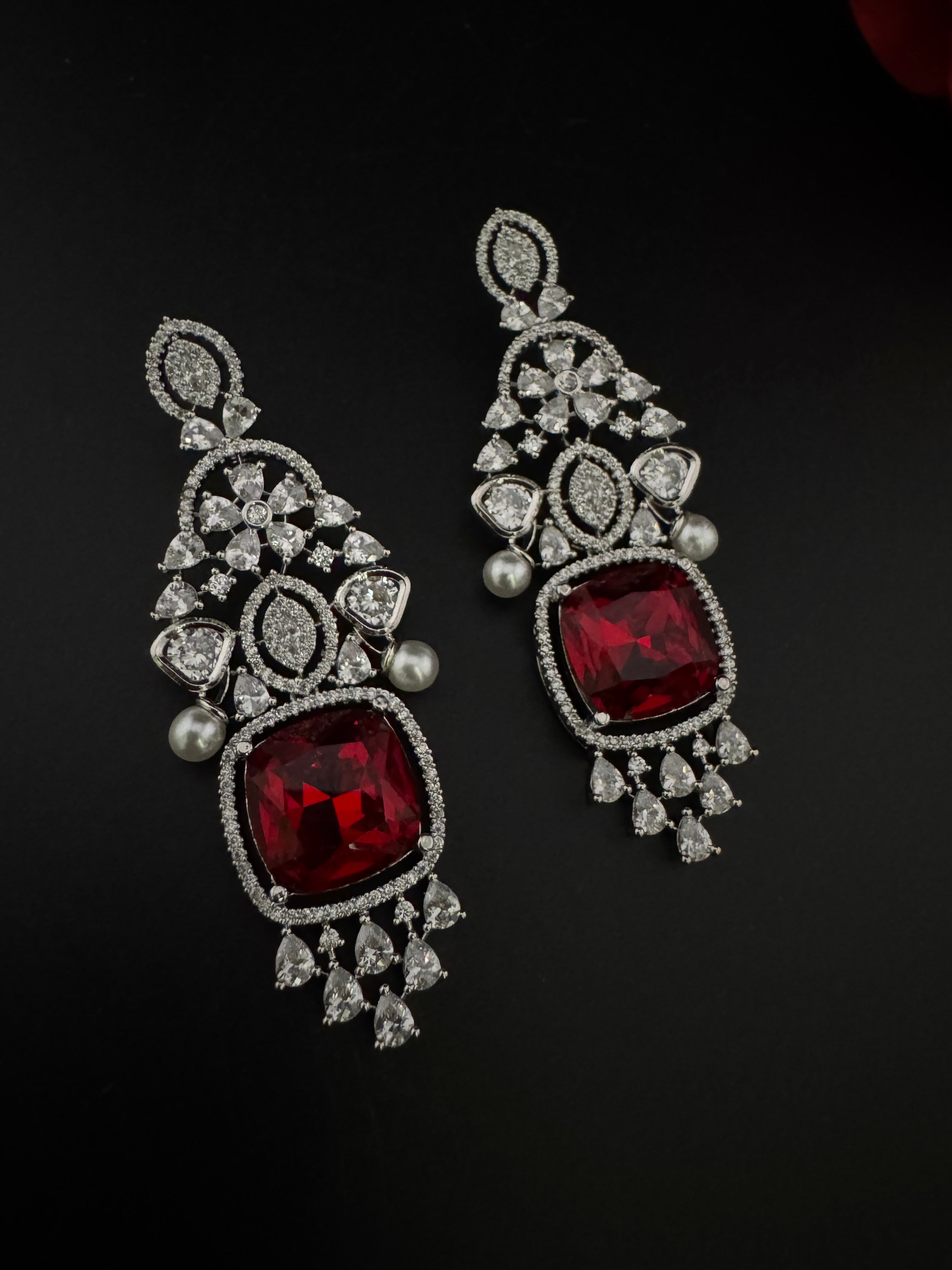 Champagne Cubic Zirconia Chandelier Long earrings with Pearls and Crystals