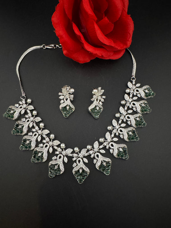 CZ Diamond Statement sleek Necklace Set, White Gold Plated Choker, 3D nature inspired