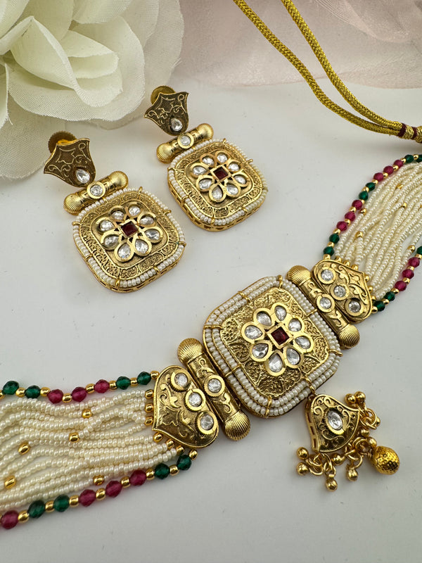 Rajwadi Choker necklace set with earrings, in kundan, pearls, hydro beads, Indian Bridal Jewelry set