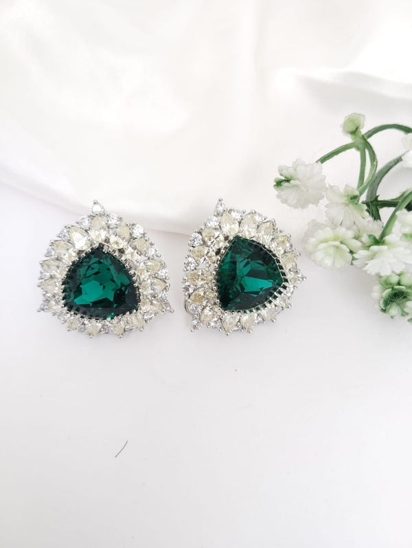 Silver Polish Crystal Stone Stud Earrings, Cubic Zirconia, AD, CZ, Indian Jewelry