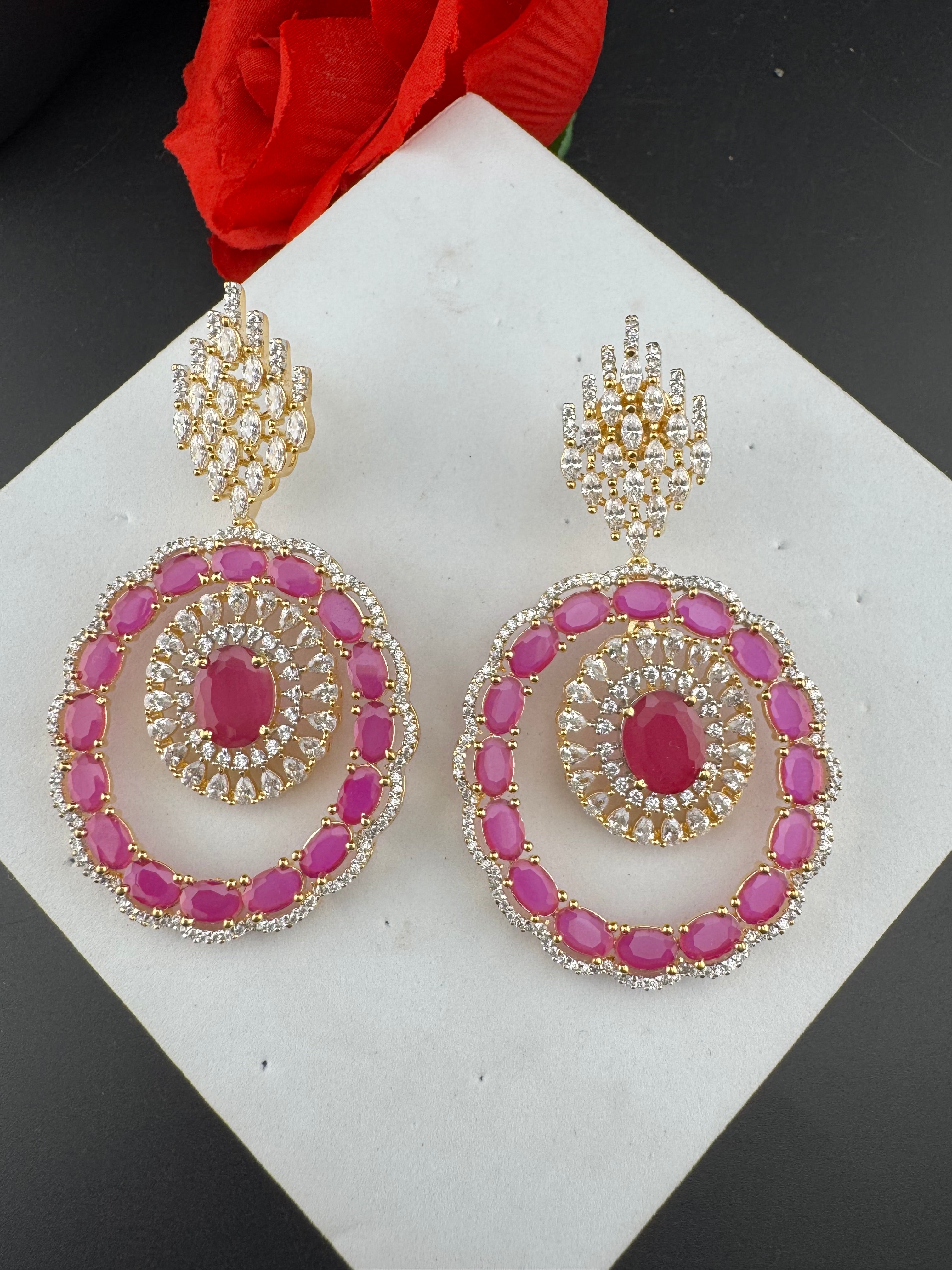 Premium Stones, Cubic Zirconia in gold color is designer Inspired Statement Big Circular Dangle earring/Indian, Bridal, bridesmaid gift