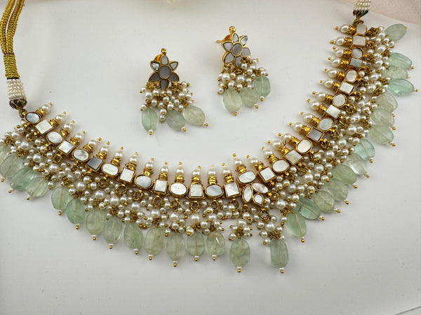 Doublet stone, Mother Of Pearls, pearls Flexible Gold necklace set, Indian Bridal Jewelry