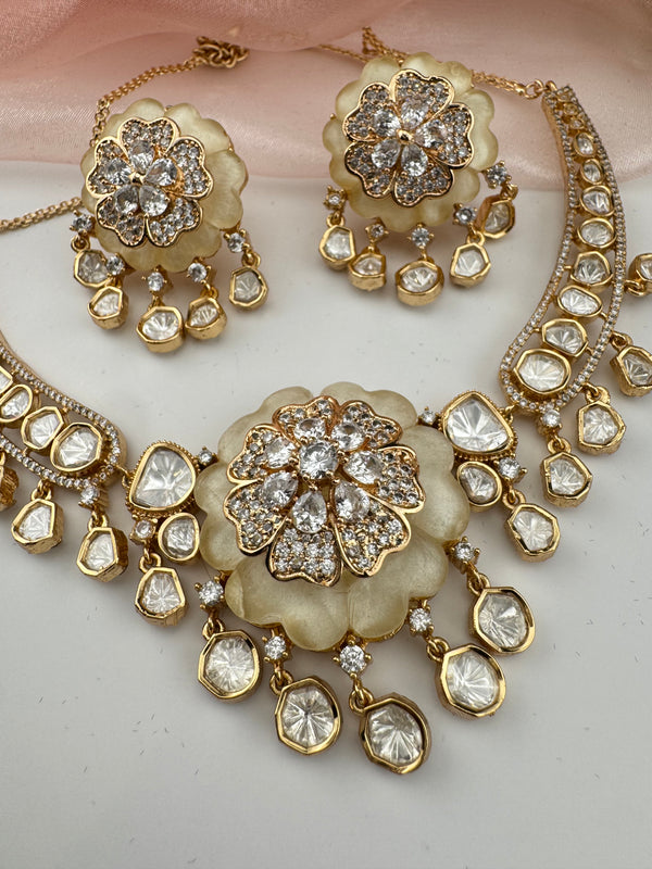 Kundan, Moissanite, MOP, CZ Flexible Gold necklace set, Indian Bridal Jewelry