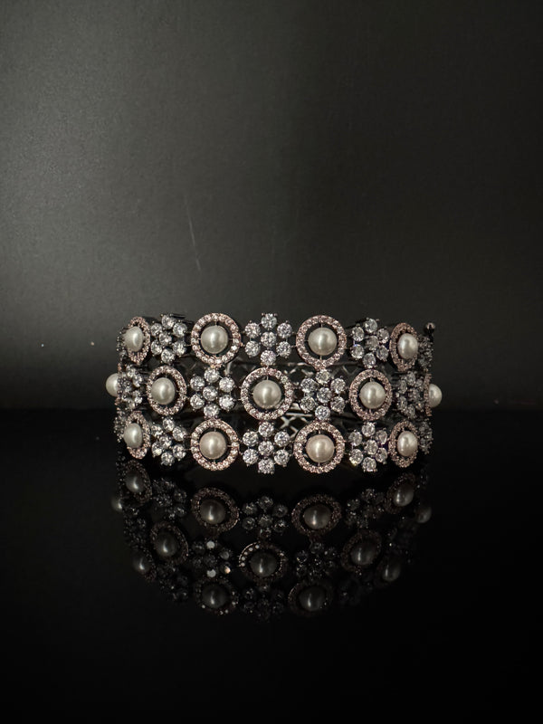 Openable Designer bracelet with Pearls, crystal stones, CZ Nano setting, Fits size upto 2.6"