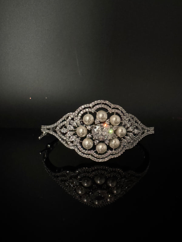 Openable Designer bracelet with Pearls, crystal stones, CZ Nano setting, Fits size upto 2.6"
