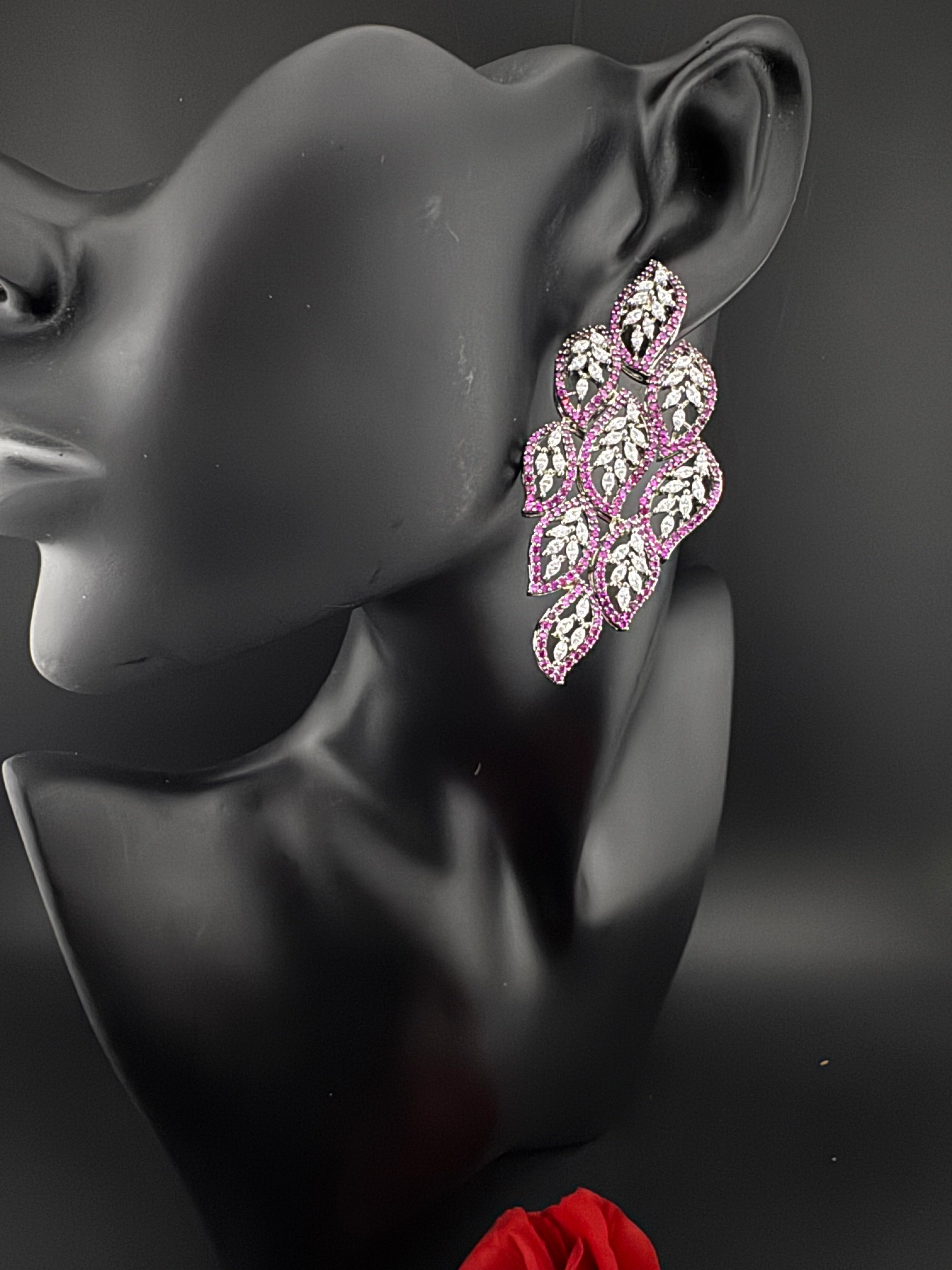 Premium Nano Setting Cubic Zirconia Long Chandelier earrings in leaf shape, stylish, designer Statement long earring/Bridal Bridesmaid