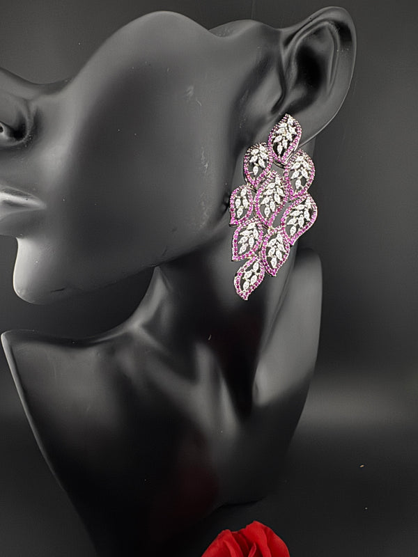 Premium Nano Setting Cubic Zirconia Long Chandelier earrings in leaf shape, stylish, designer Statement long earring/Bridal Bridesmaid