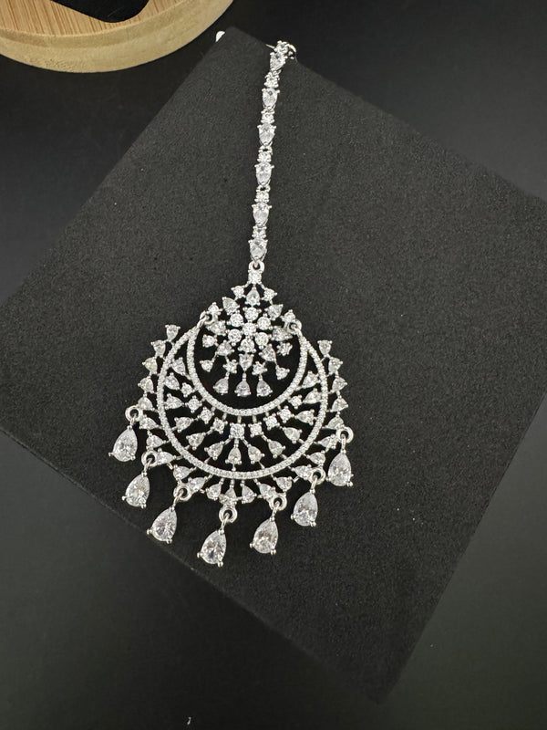 Silver Cubic Zirconia/Diamond Tikka, Indian Maang Tikka, Headpiece, Bridal jewelry