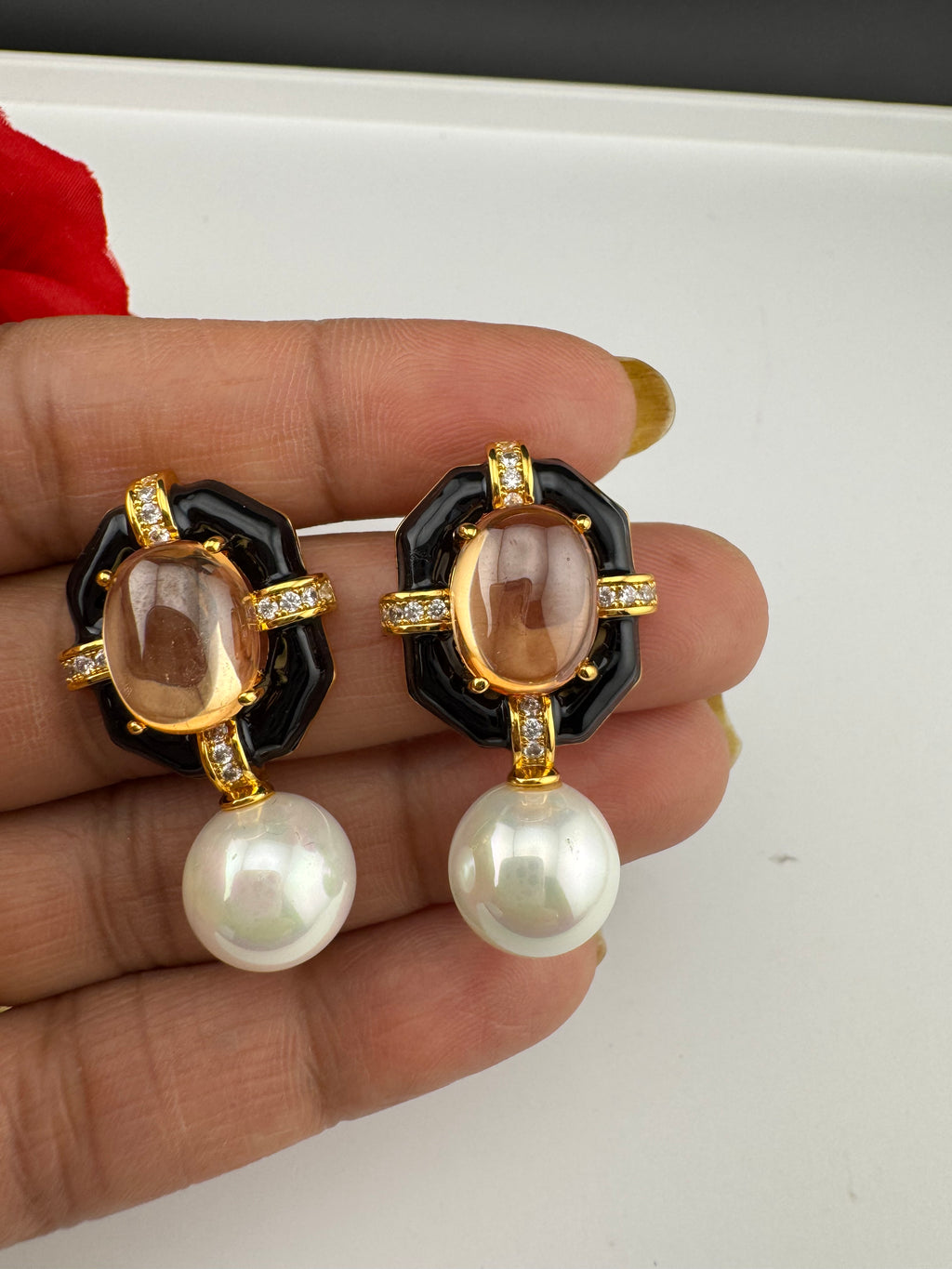 Designer inspired Enamel and Stone Pearls drop earrings, Statement jewelry, Indian Jewelry, Drop and Studs earrings, Bridesmaid Gift