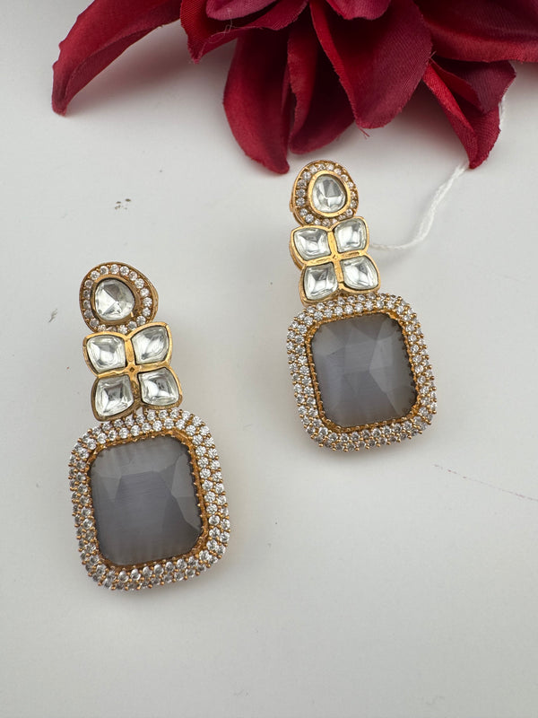 Gray and Gold Kundan, Stone Chandelier Drop Earrings, Bridal, Moissanite, CZ, Designer jewelry