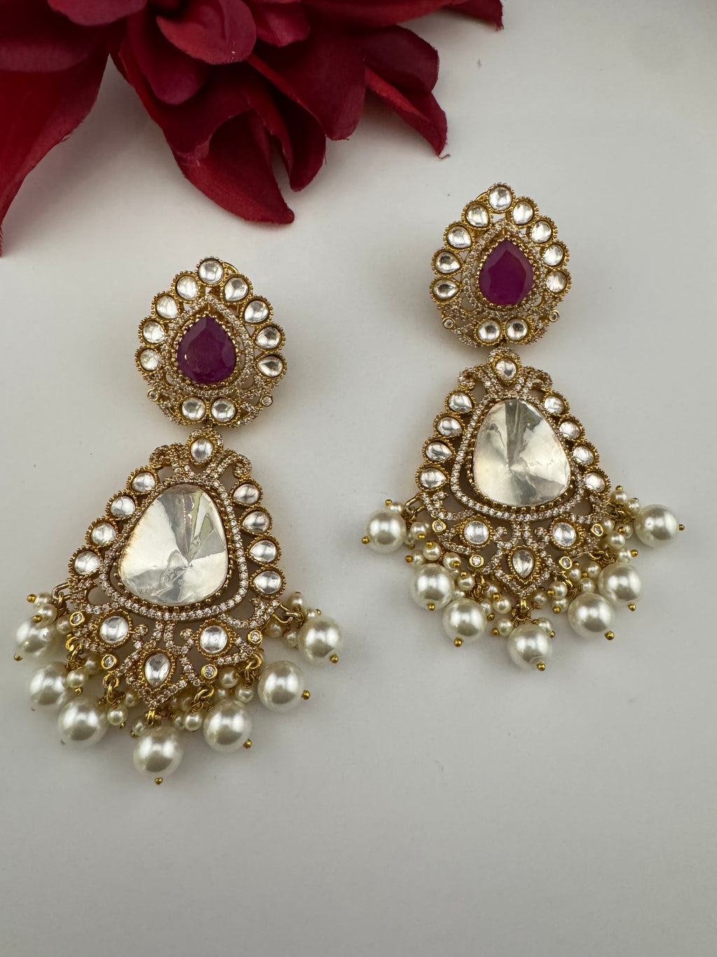 Purple and Gold Kundan, Pearls Chandelier Long Earrings, Bridal, Moissanite, CZ, Designer jewelry