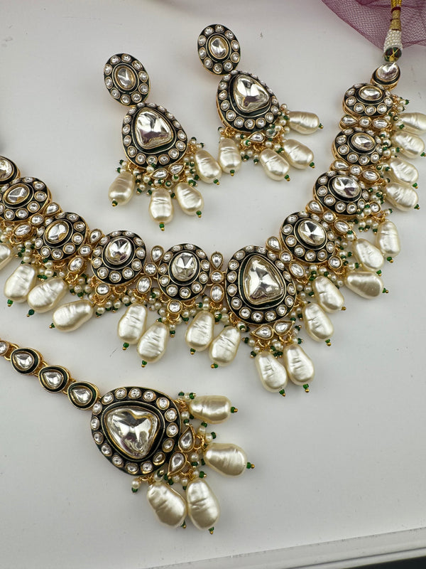 Uncut Polki, Kundan Pearls Gold Necklace Set with Tikka, Indian Bridal set