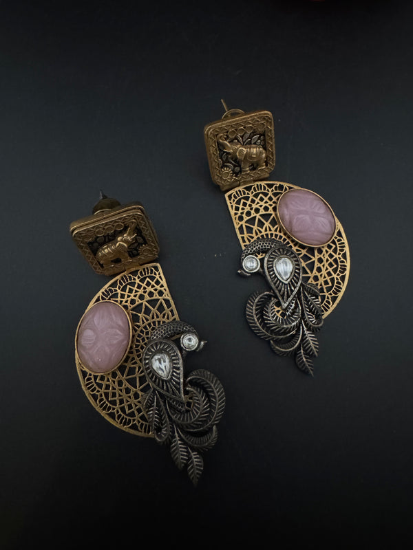 Antique Gold, Oxidized, Carved Stones Chandbali Dangle Earrings, Amrapali inspired Designer jewelry