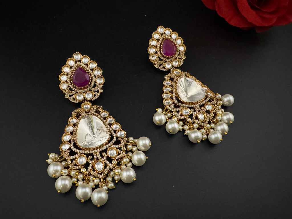Purple and Gold Kundan, Pearls Chandelier Long Earrings, Bridal, Moissanite, CZ, Designer jewelry