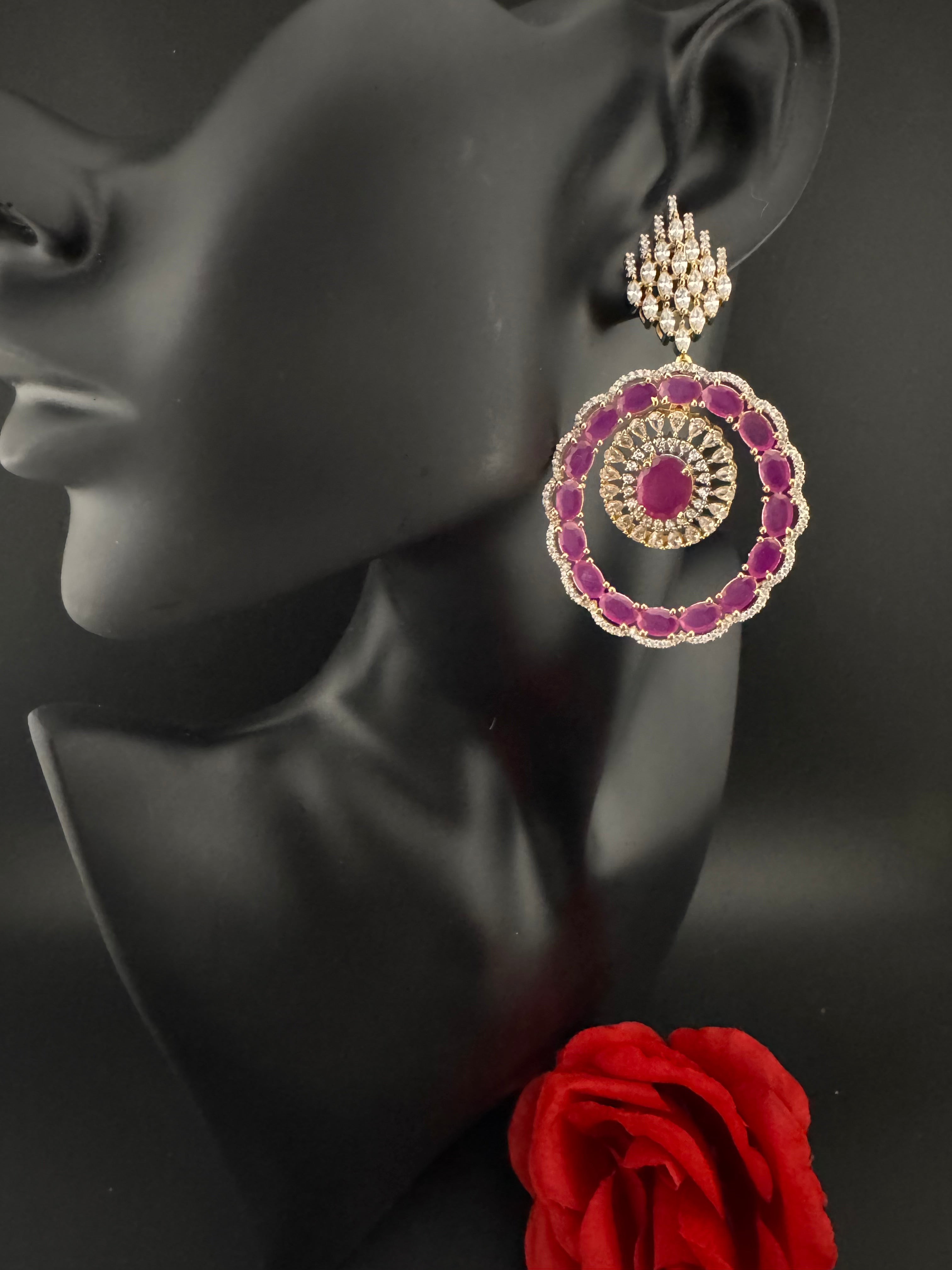 Premium Stones, Cubic Zirconia in gold color is designer Inspired Statement Big Circular Dangle earring/Indian, Bridal, bridesmaid gift