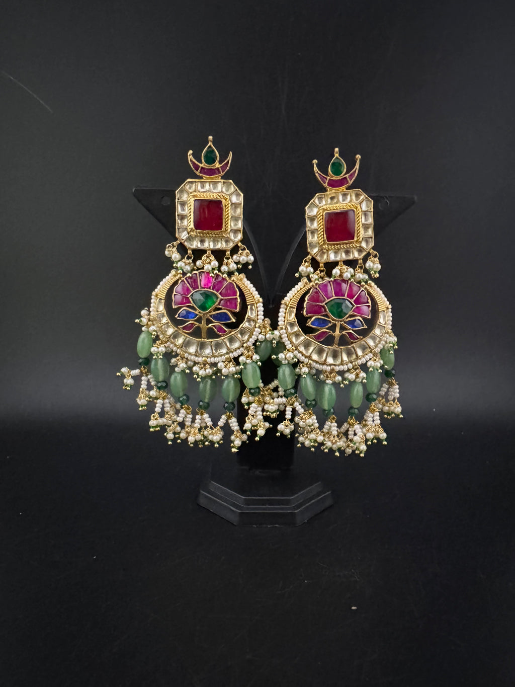 Multicolor pacchi Kundan stones Pearls Oversized Chandelier Long Earrings, Bridal, Designer jewelry