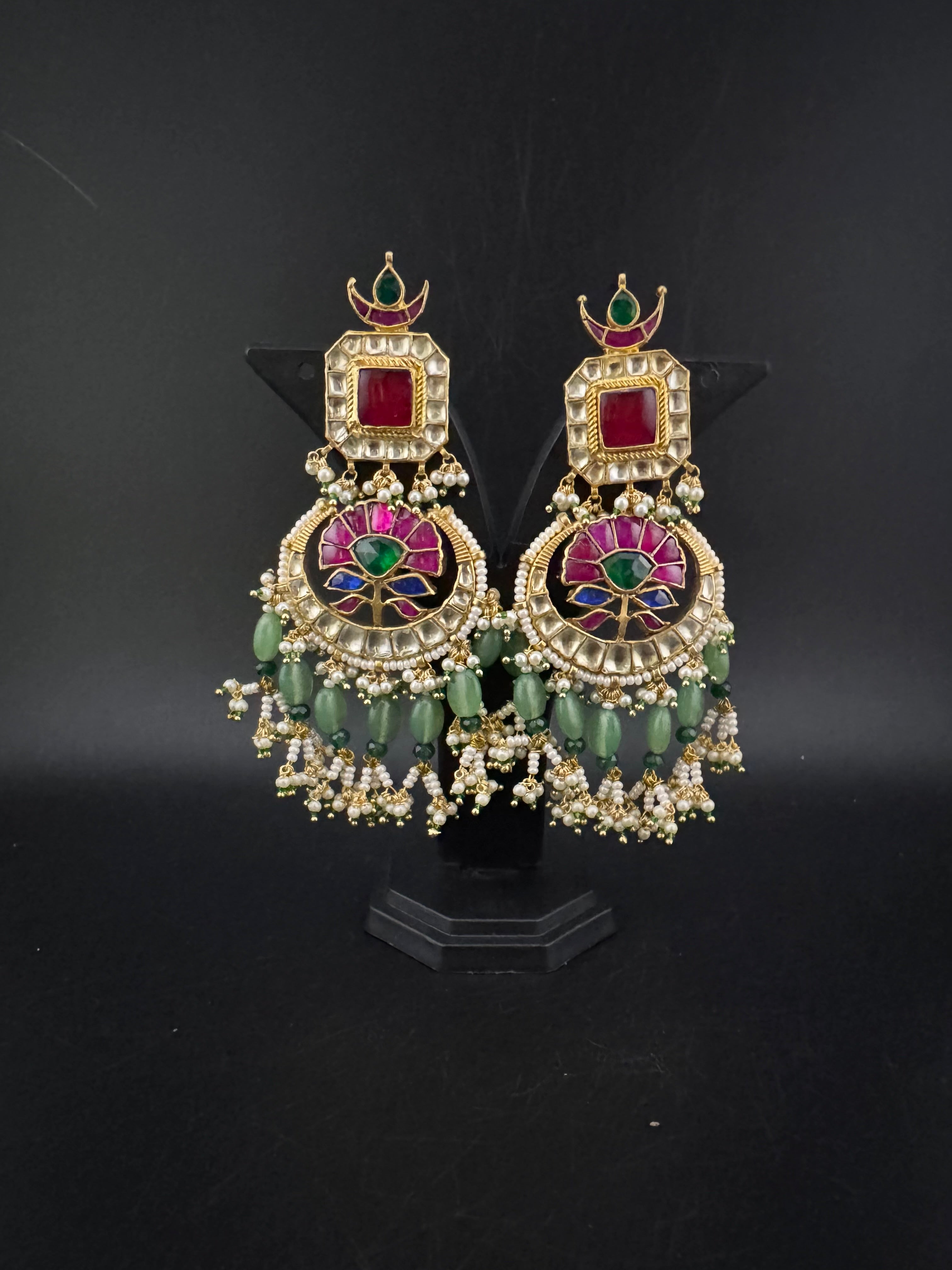 Multicolor pacchi Kundan stones Pearls Oversized Chandelier Long Earrings, Bridal, Designer jewelry