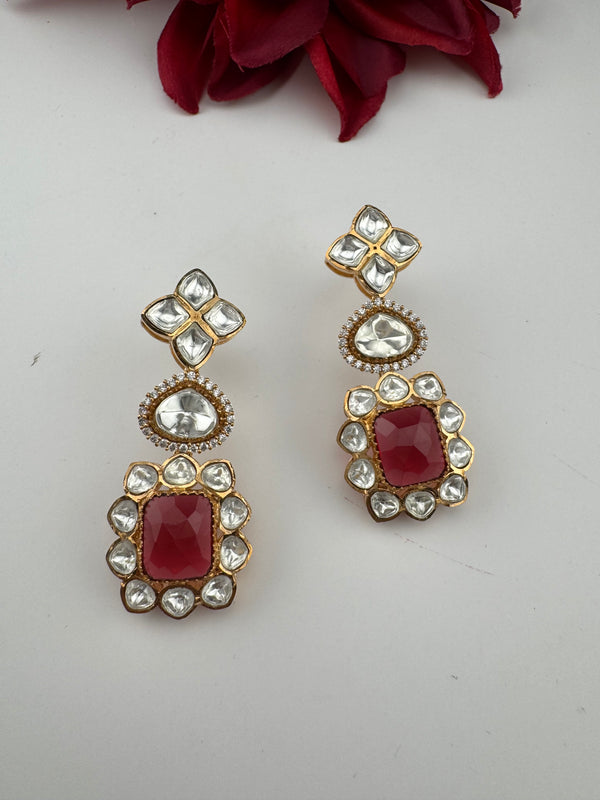 Red and Gold Kundan, Stone Chandelier Drop Earrings, Bridal, Moissanite, CZ, Designer jewelry