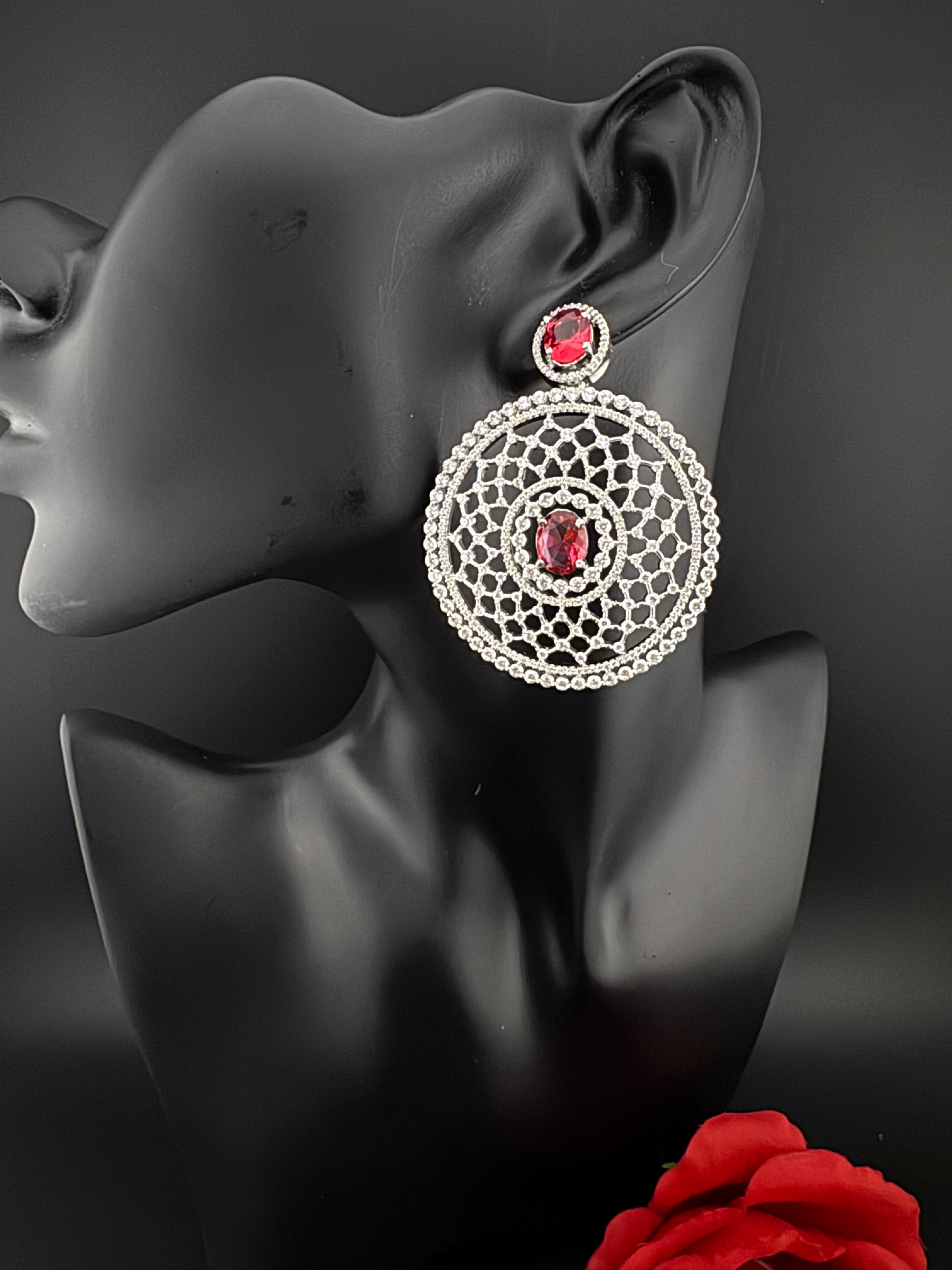 Premium Nano Setting of Cubic Zirconia in silver is designer Inspired Statement Oversized Circular Dangle earring/Bridal/bridesmaid gift