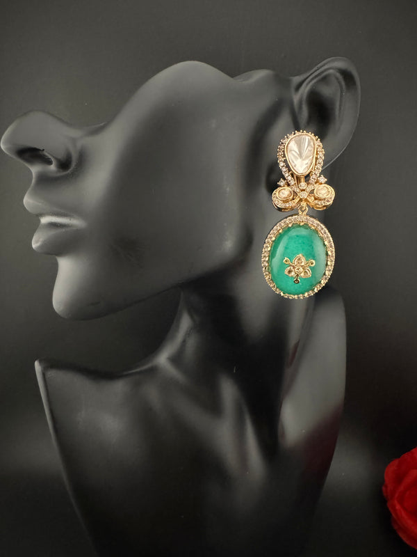 Green and Gold Kundan, Doublet Stone Chandelier Drop Earrings, Bridal, Moissanite, CZ, Designer jewelry