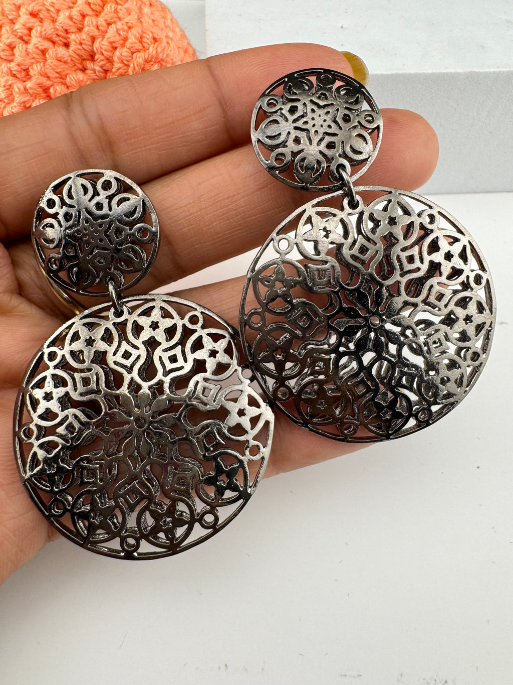 Black Metal, oxidized silver chandbali earring self cut design/Statement Earring/Boho Earrings/Lightweight jewelry