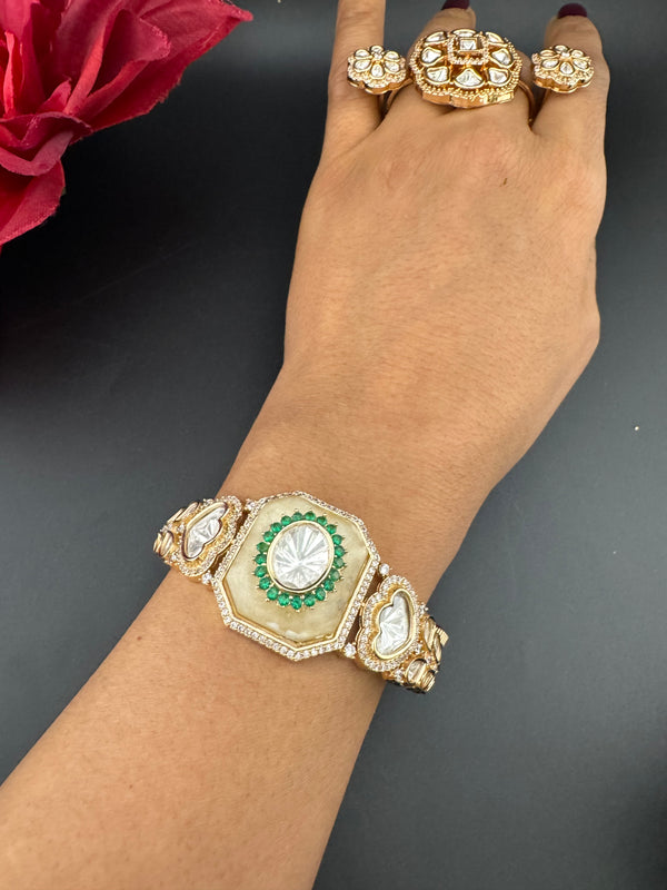 Moissanite Kundan, MOP, CZ Adjustable Bracelet Bangle, Gold Polish (Fits size 2.6")