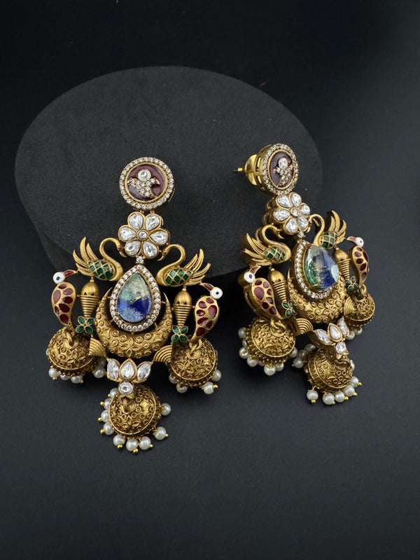 Amrapali inspired Matt Gold, Stone, Enamel, Pearl Oversized ChandBali Jhumka Earrings, designer jewelry