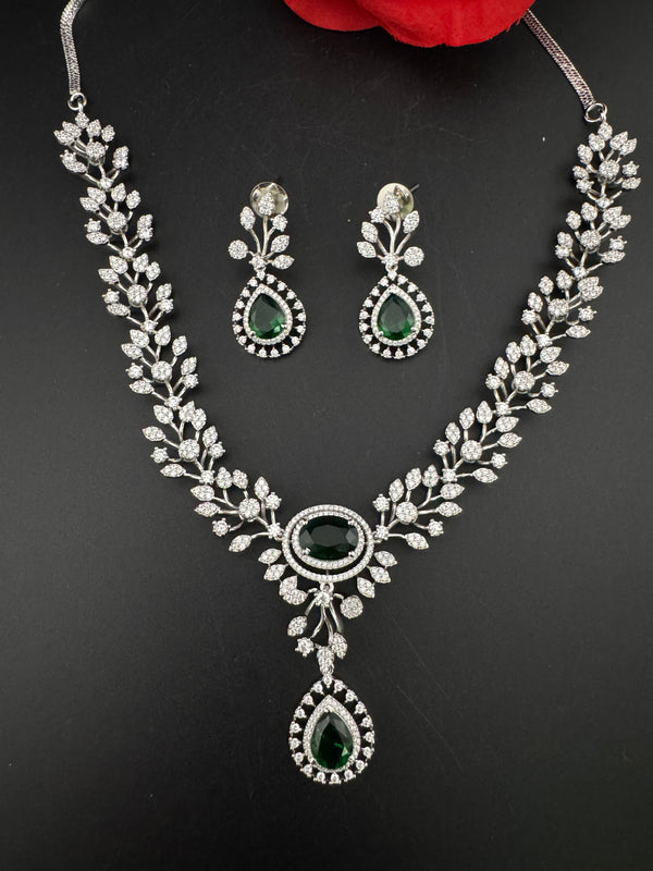 Crystal, Nano Setting CZ Diamond Statement Necklace Set, White Gold Plated Choker, nature inspired