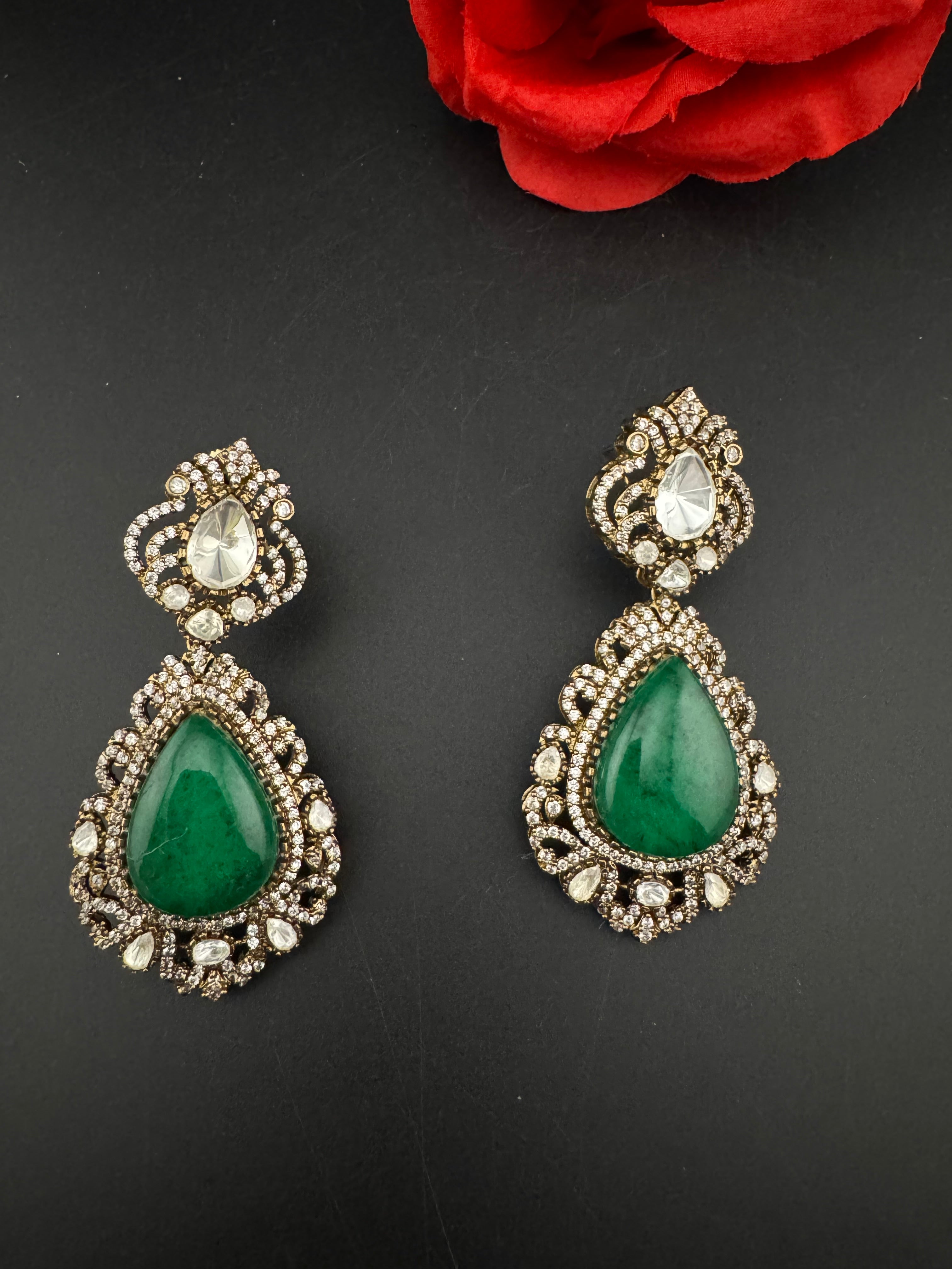 Green and Gold Kundan, Doublet Stone Chandelier Long Earrings, Bridal, Moissanite, CZ, Designer jewelry