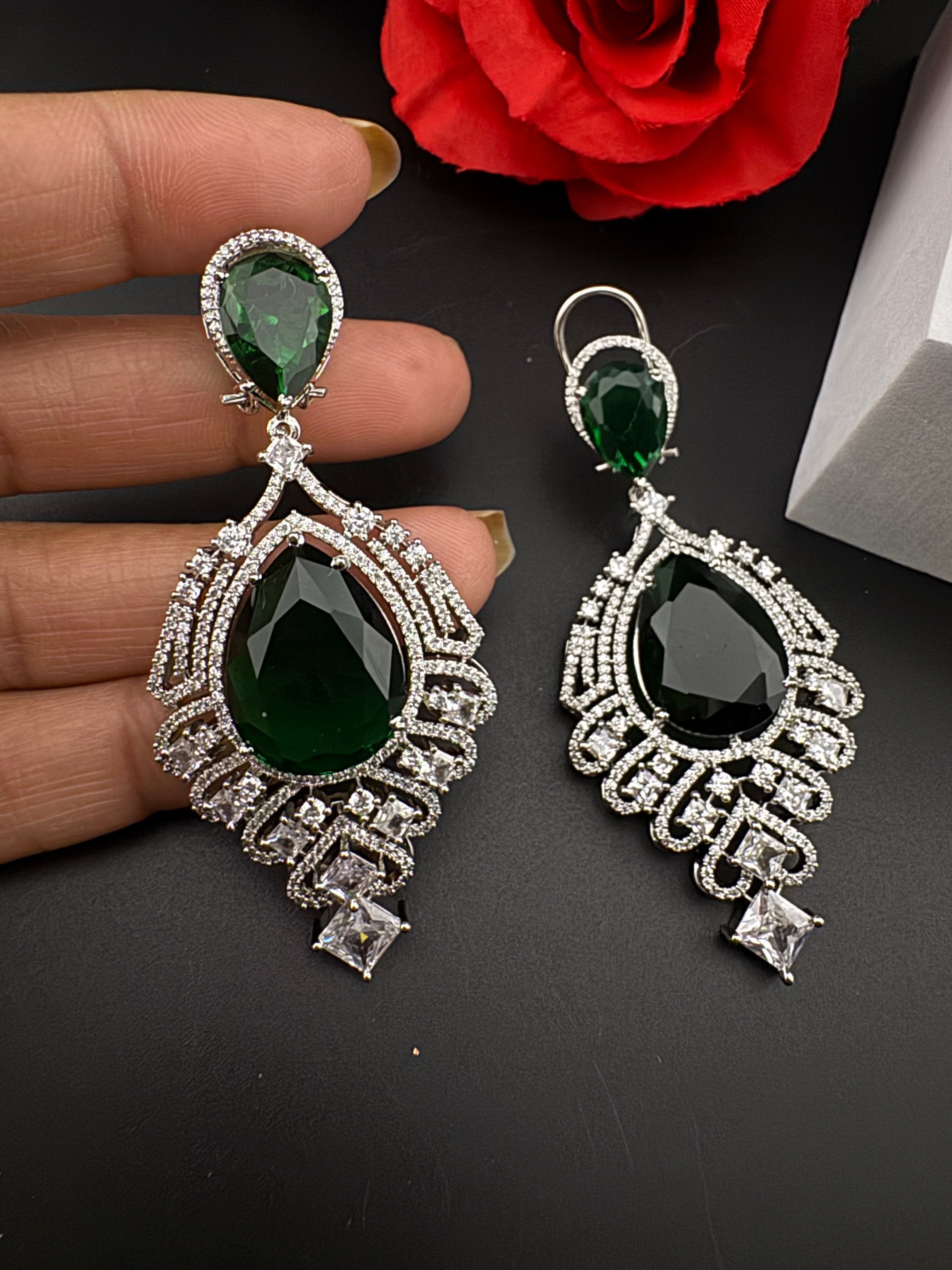 Premium Cubic Zirconia, Glass stone in unique style setting is a statement Drop Dangle earring/Indian/Bridal Jewelry, Bridesmaid Gift