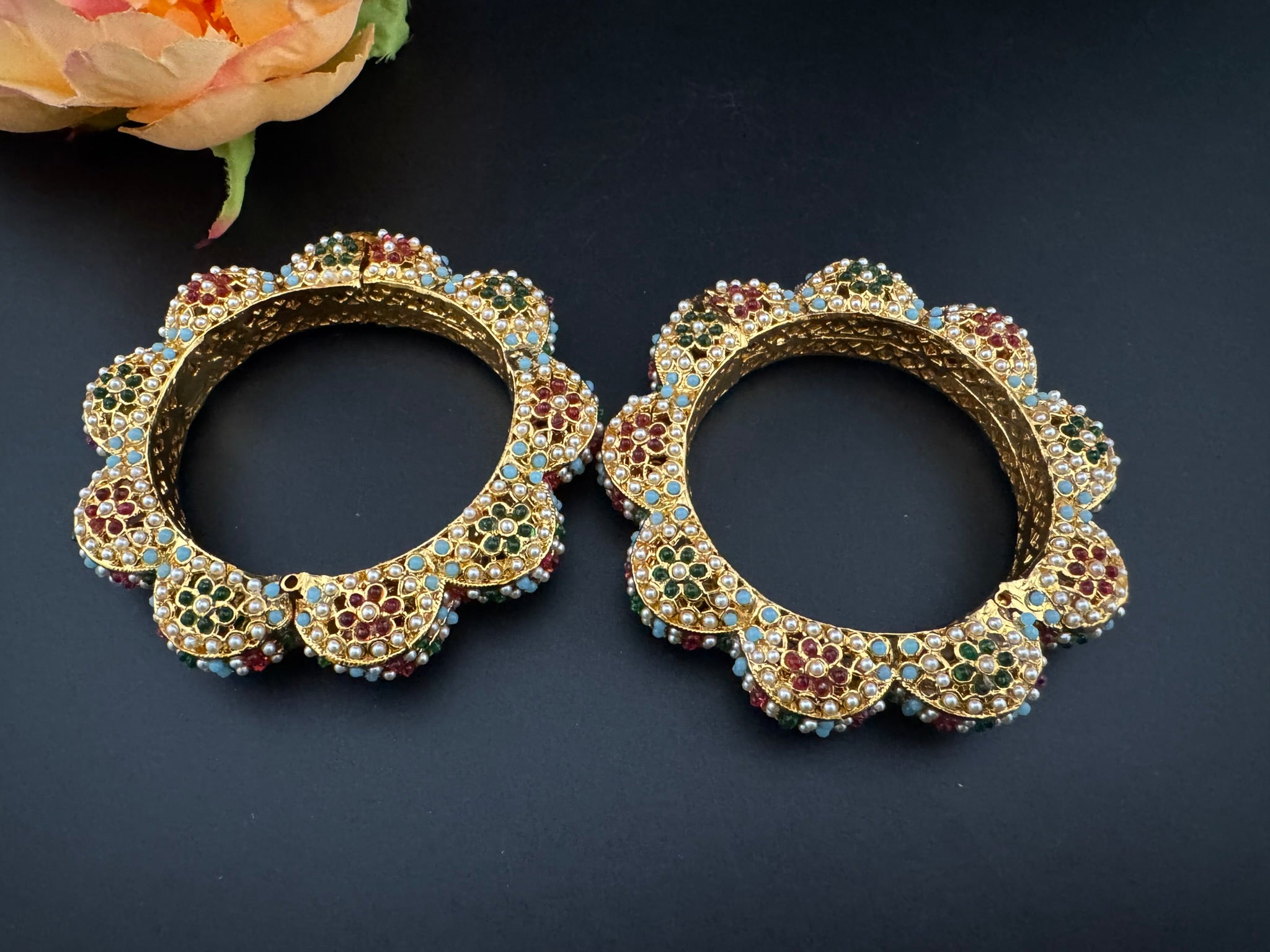 Openable Jadau Pacheli kada with pearls, kundan is Amrapali inspired Designer bangles set/Indian Kada/Temple jewelry/Rajwadi Bangle/Size 2.4" & 2.8"