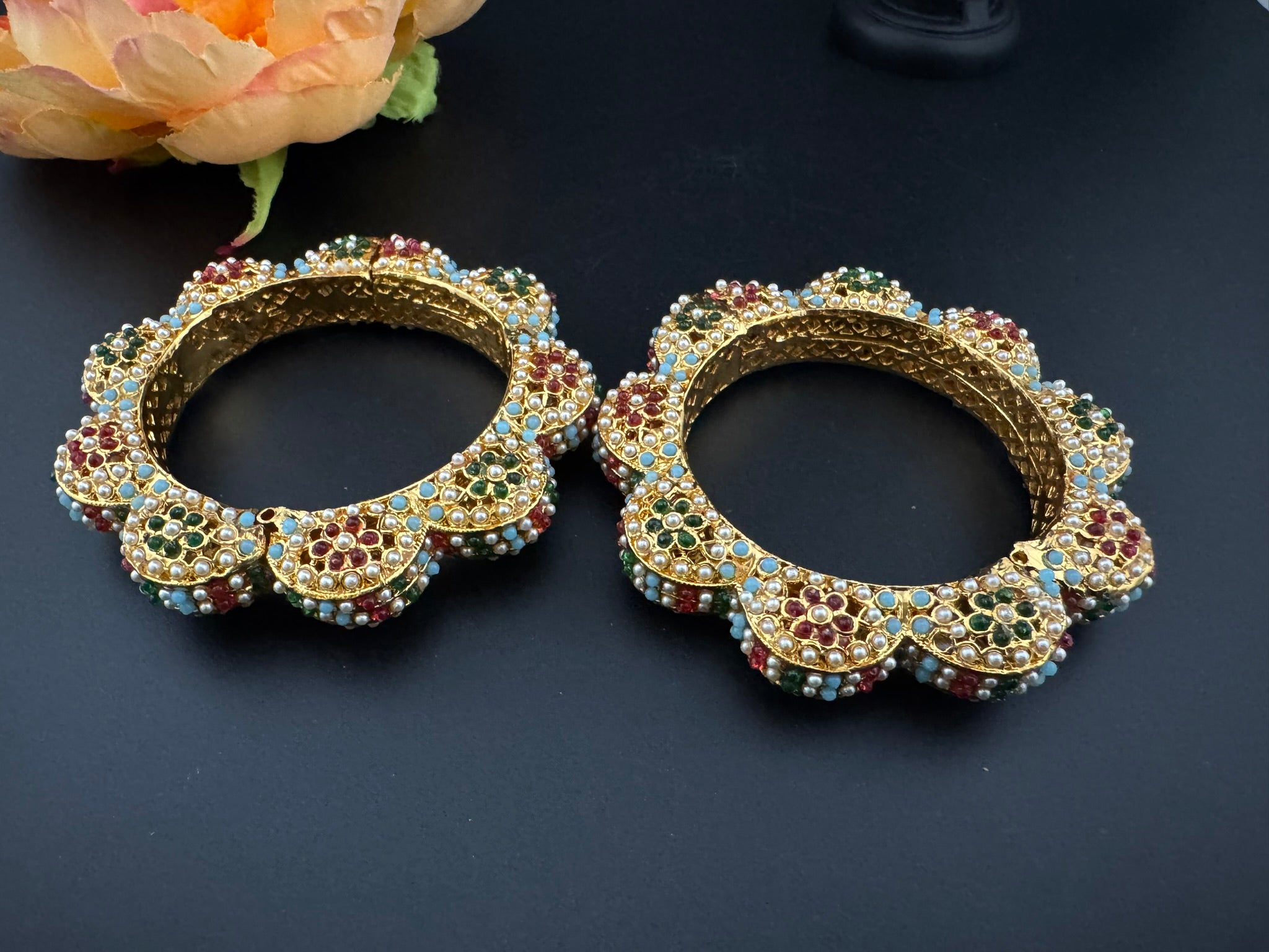 Openable Jadau Pacheli kada with pearls, kundan is Amrapali inspired Designer bangles set/Indian Kada/Temple jewelry/Rajwadi Bangle/Size 2.4" & 2.8"