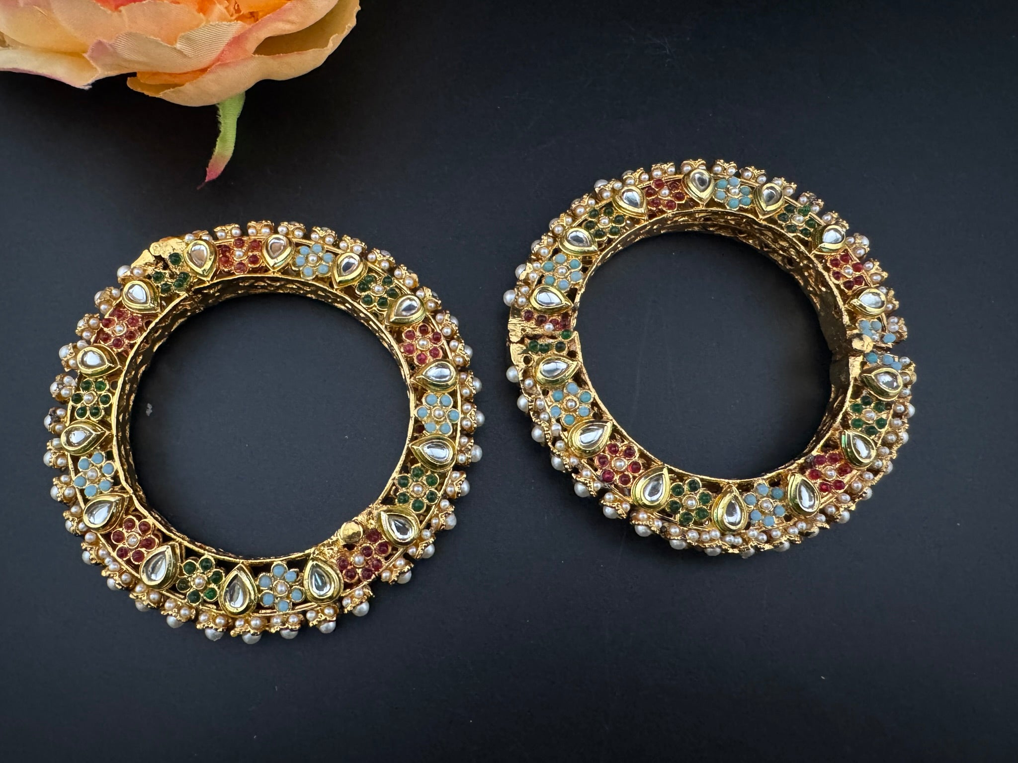 Openable Jadau Pacheli kada with pearls, kundan is Amrapali inspired Designer bangles set/Indian Kada/Temple jewelry/Rajwadi Bangle/Size 2.4" & 2.8"