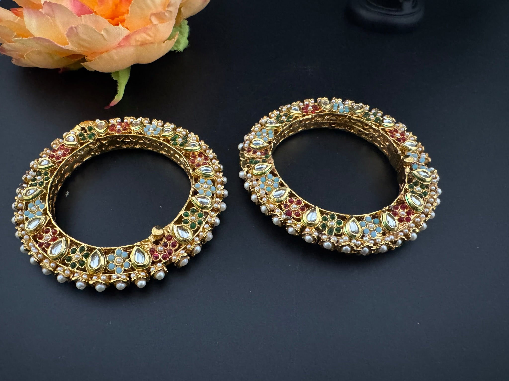 Openable Jadau Pacheli kada with pearls, kundan is Amrapali inspired Designer bangles set/Indian Kada/Temple jewelry/Rajwadi Bangle/Size 2.4" & 2.8"