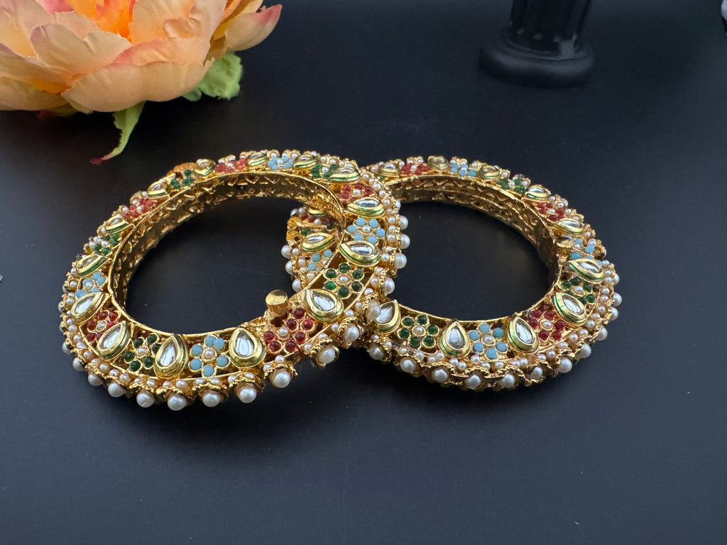 Openable Jadau Pacheli kada with pearls, kundan is Amrapali inspired Designer bangles set/Indian Kada/Temple jewelry/Rajwadi Bangle/Size 2.4" & 2.8"