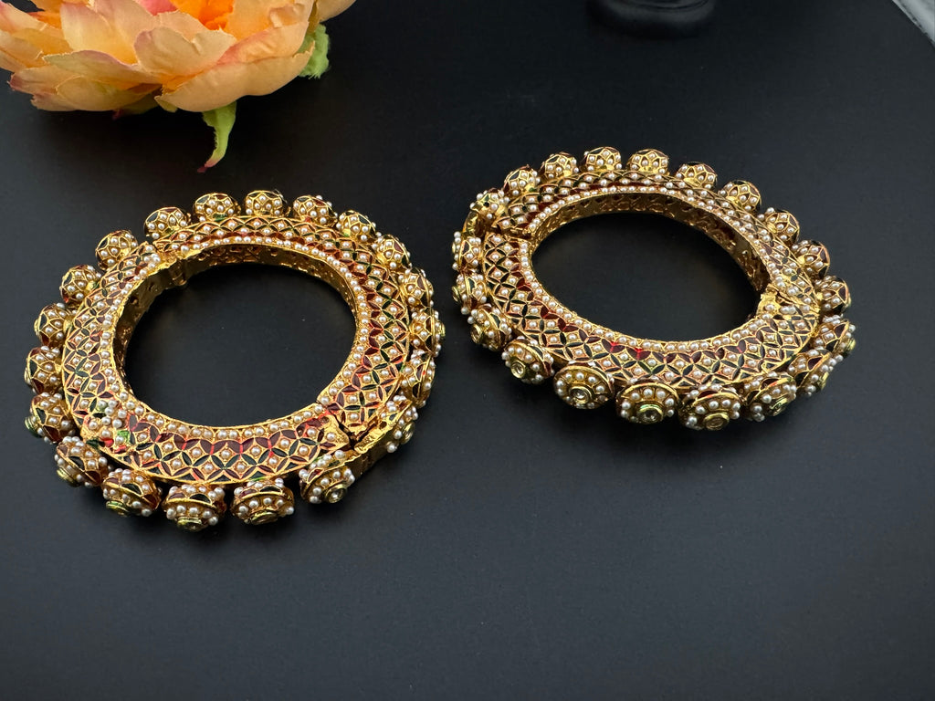 Openable Jadau Pacheli kada with pearls, kundan is Amrapali inspired bangles set/Indian Kada/Temple jewelry/Rajwadi Bangle/Size 2.4" & 2.8"