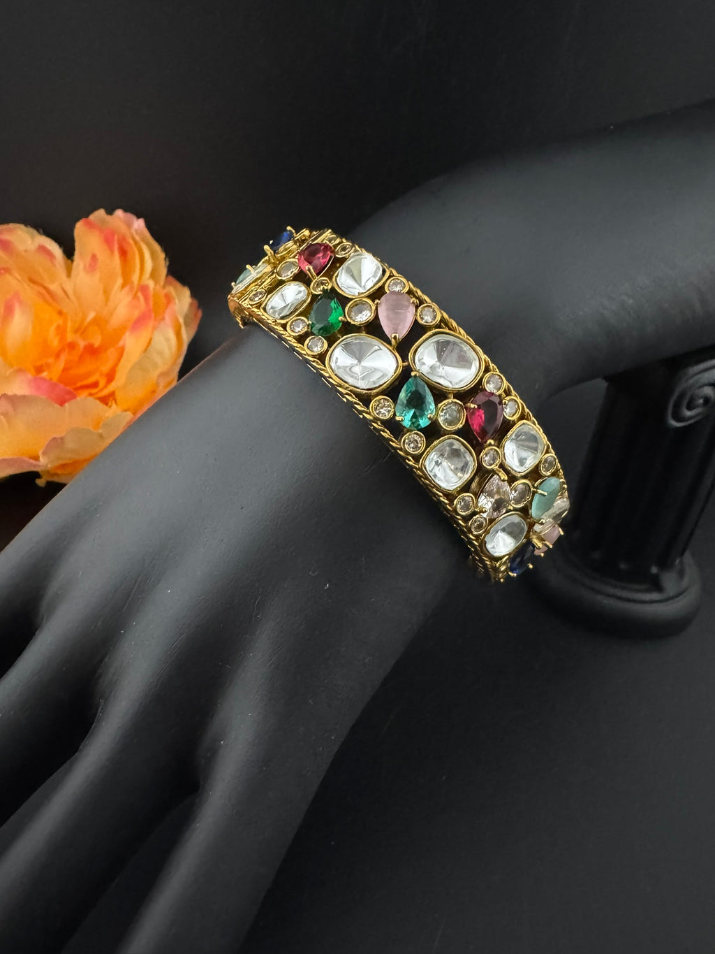 Premium Quality Moissanite Kundan, cubic zirconia and Crystal stones Openable Bracelet Bangle/Indian jewelry/Golden Bracelet Bangle