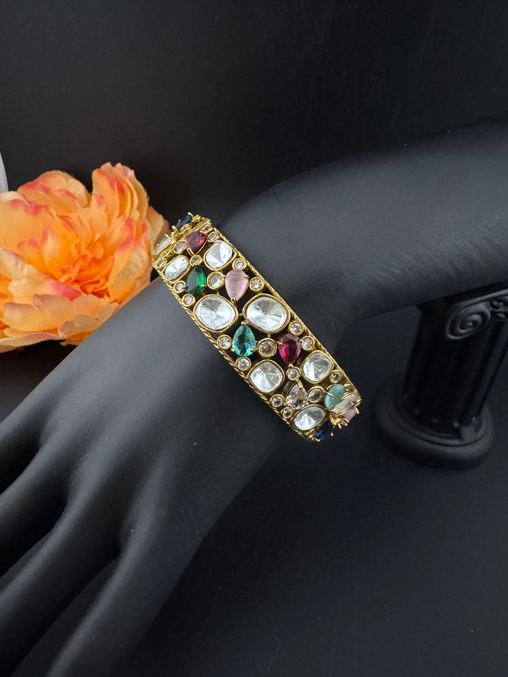 Premium Quality Moissanite Kundan, cubic zirconia and Crystal stones Openable Bracelet Bangle/Indian jewelry/Golden Bracelet Bangle