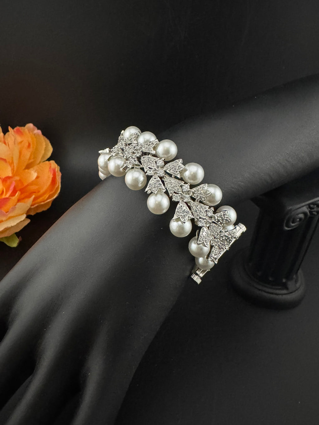 Premium Silver Color Bracelet with Pearls, Cubic Zirconia Openable is Designer inspired Bracelet bangles/Indian Kada/Wedding jewelry/Bangle