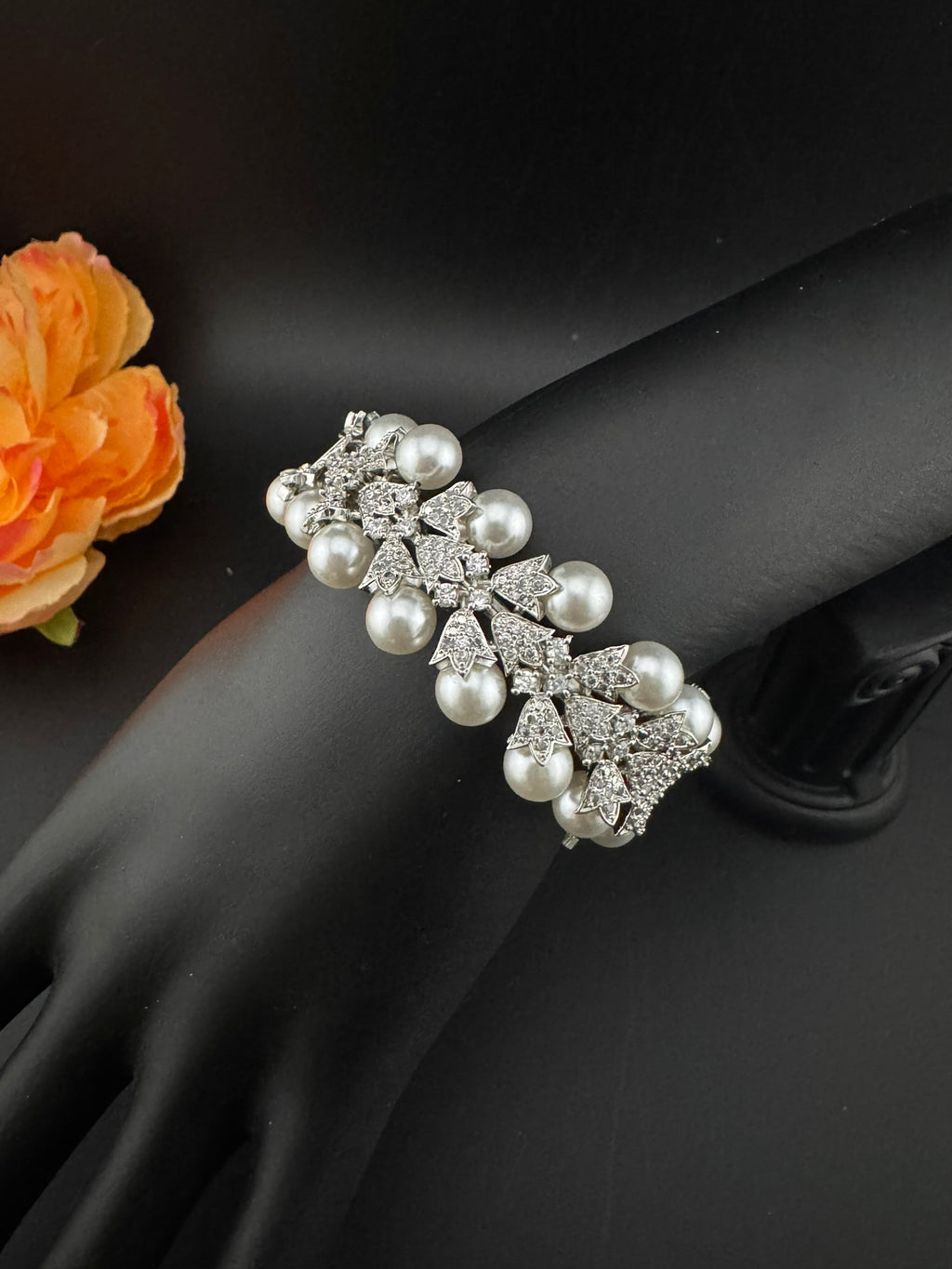 Premium Silver Color Bracelet with Pearls, Cubic Zirconia Openable is Designer inspired Bracelet bangles/Indian Kada/Wedding jewelry/Bangle