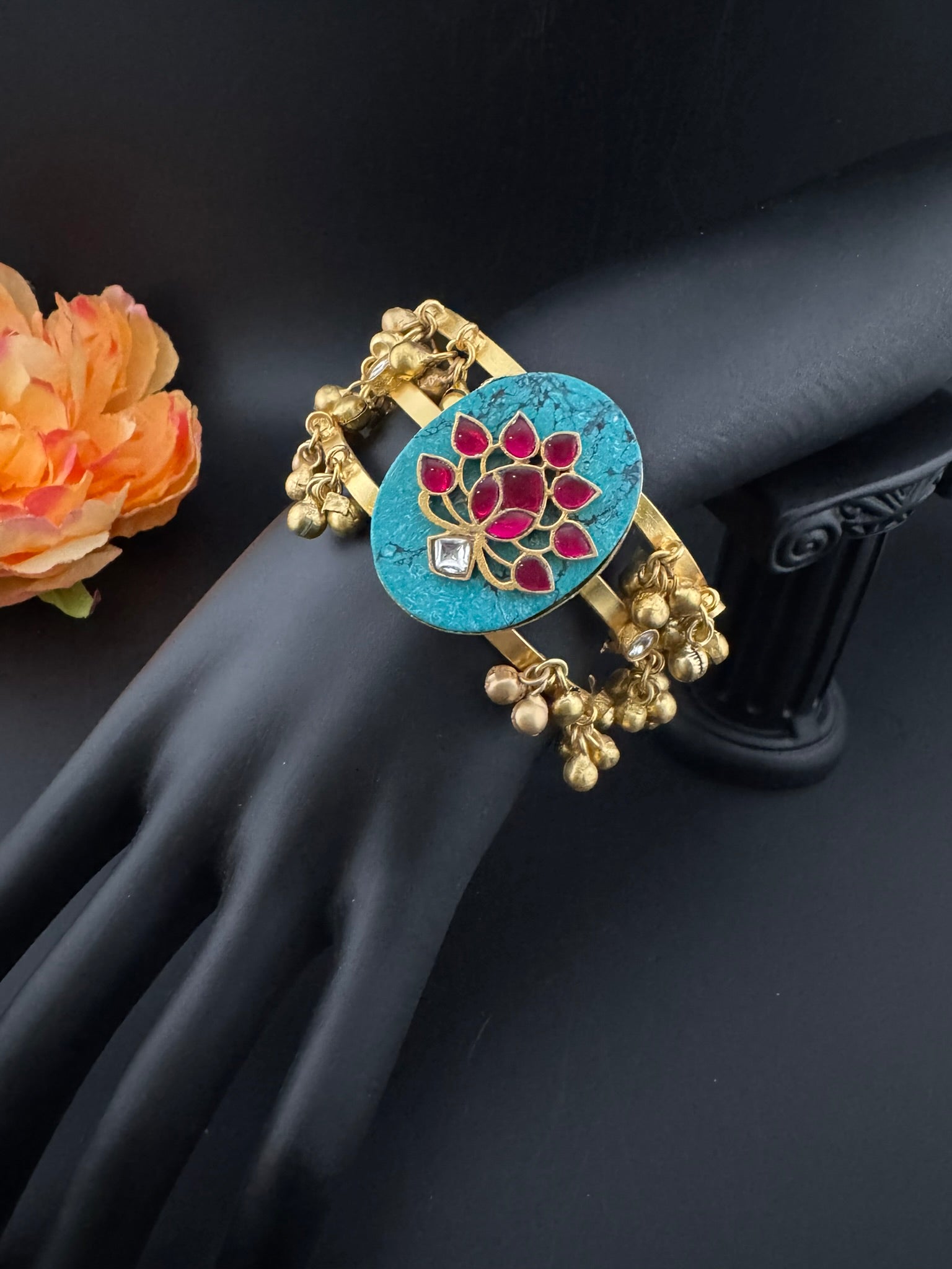 Premium Quality Matt Gold cuff in Turquoise stone, pachi kundan, Ghungroo Open Cuff Bracelet Bangle/Indian jewelry/Golden Bracelet Bangle