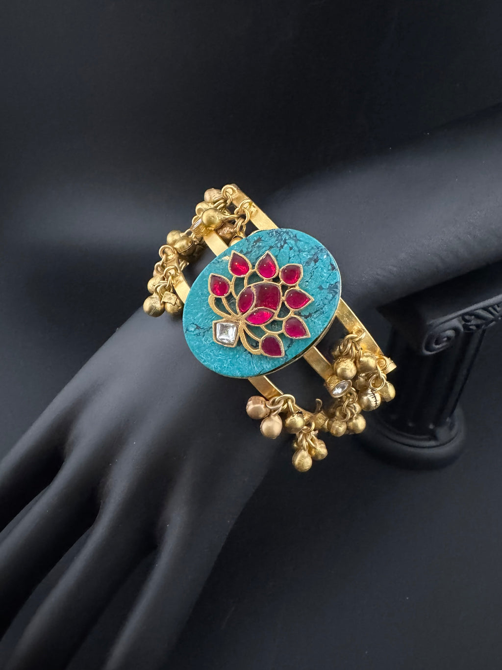 Premium Quality Matt Gold cuff in Turquoise stone, pachi kundan, Ghungroo Open Cuff Bracelet Bangle/Indian jewelry/Golden Bracelet Bangle