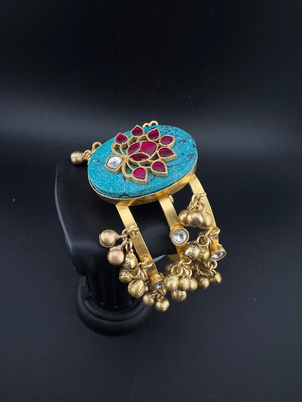 Premium Quality Matt Gold cuff in Turquoise stone, pachi kundan, Ghungroo Open Cuff Bracelet Bangle/Indian jewelry/Golden Bracelet Bangle