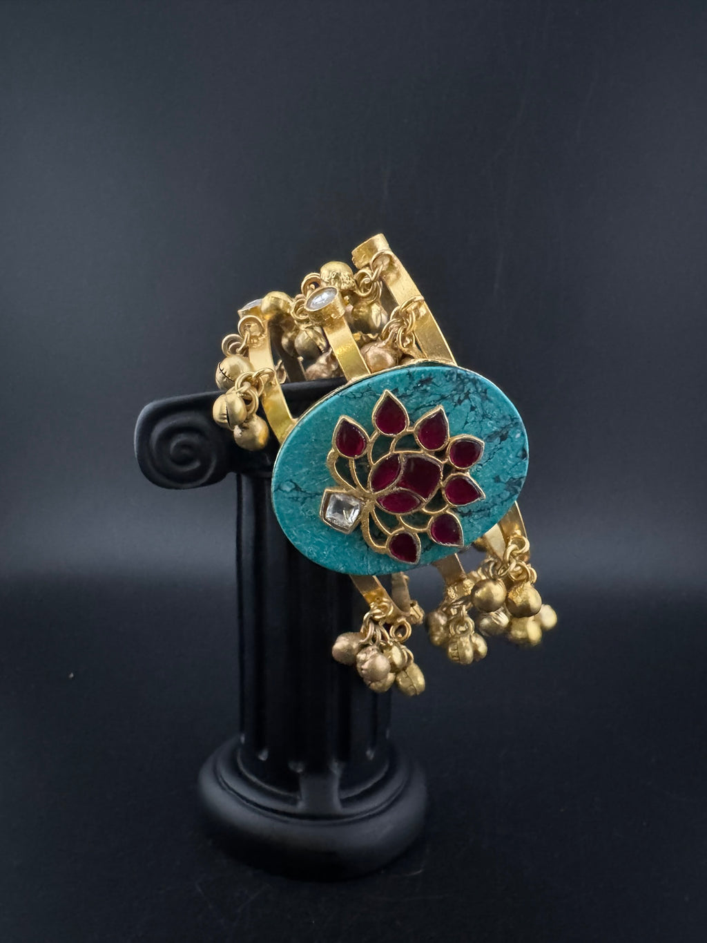 Premium Quality Matt Gold cuff in Turquoise stone, pachi kundan, Ghungroo Open Cuff Bracelet Bangle/Indian jewelry/Golden Bracelet Bangle